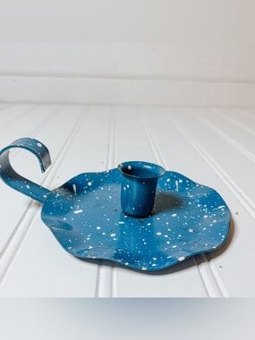 Vintage Blue Enamelware Candlestick Holder